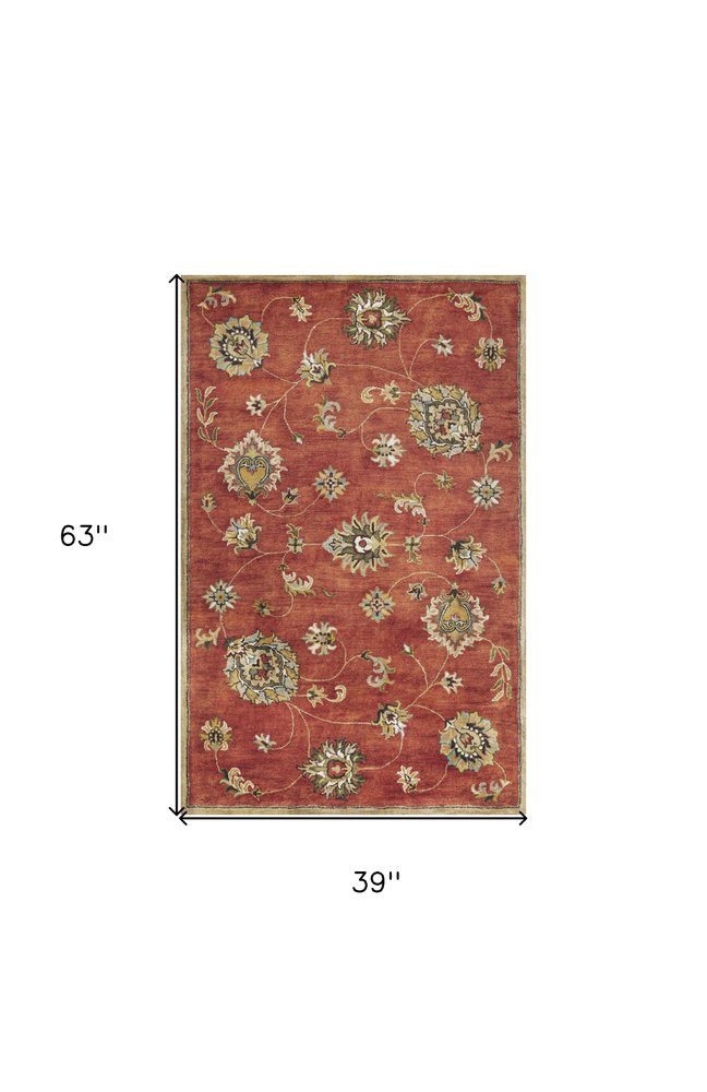3' X 5' Sienna Gold And Green New Zealand Lambs Wool Floral Vines Hand Tufted Area Rug