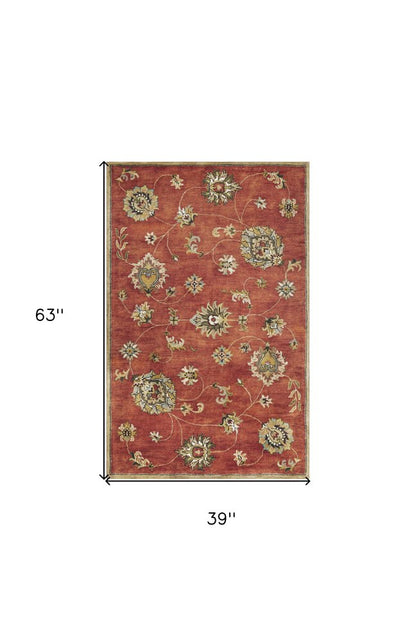 3' X 5' Sienna Gold And Green New Zealand Lambs Wool Floral Vines Hand Tufted Area Rug