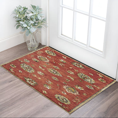 3' X 5' Sienna Gold And Green New Zealand Lambs Wool Floral Vines Hand Tufted Area Rug