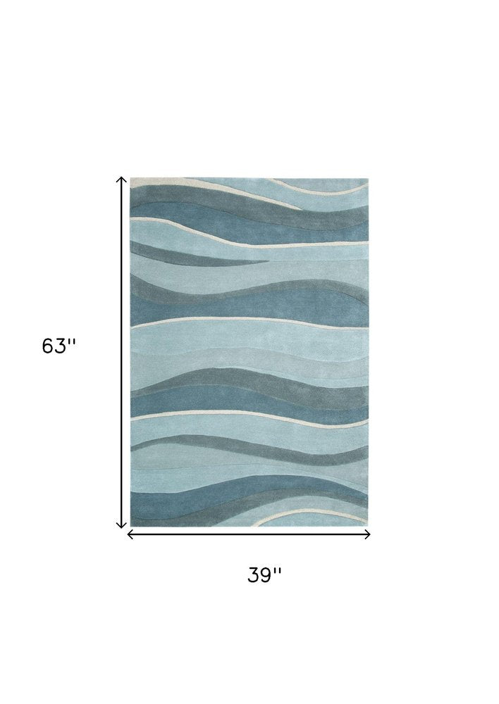 3' X 5' Blue Gray And Ivory Wool Abstract Hand Tufted Area Rug