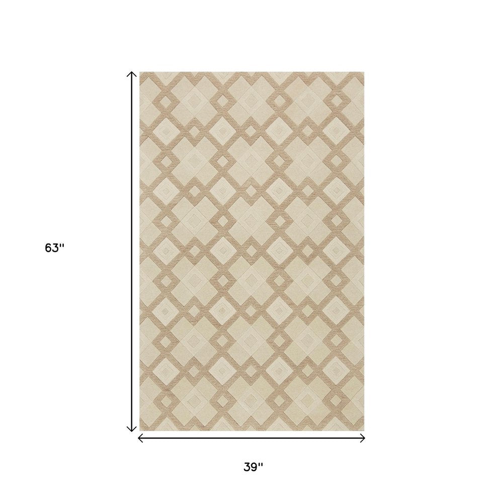 3' X 5' Ivory And Brown Wool Geometric Hand Tufted Area Rug
