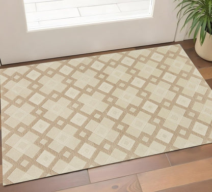 3' X 5' Ivory And Brown Wool Geometric Hand Tufted Area Rug