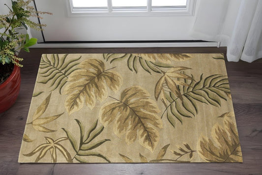 3' X 5' Sand And Beige Wool Botanical Leaves Hand Tufted Area Rug
