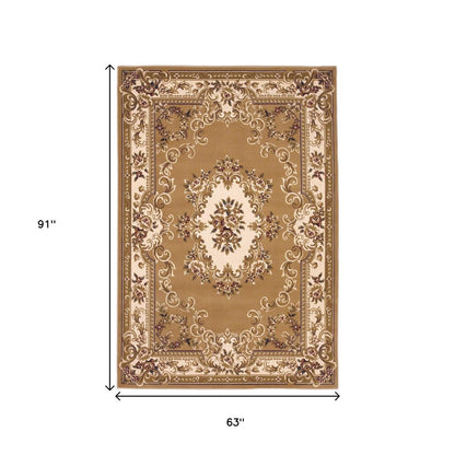 5' X 8' Plum And Ivory Floral Medallion Area Rug