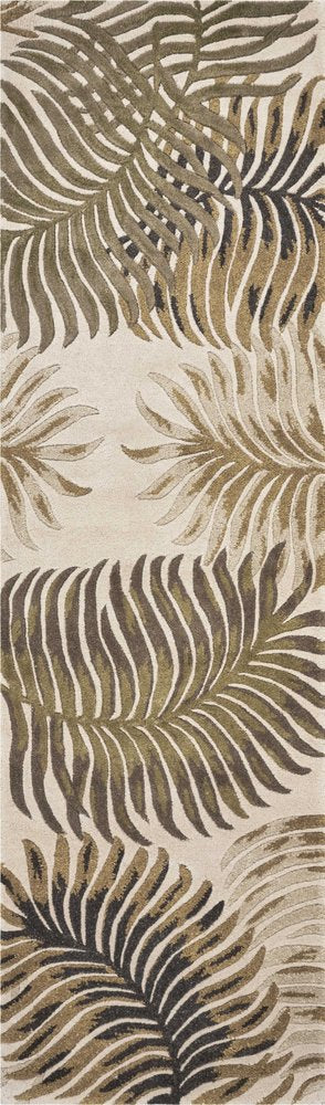 8' Beige Green And Brown Wool Botanical Leaves Hand Tufted Runner Rug