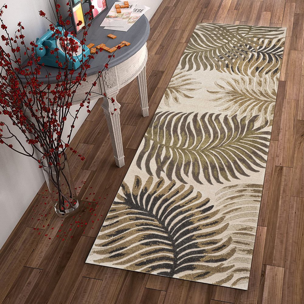 8' Beige Green And Brown Wool Botanical Leaves Hand Tufted Runner Rug