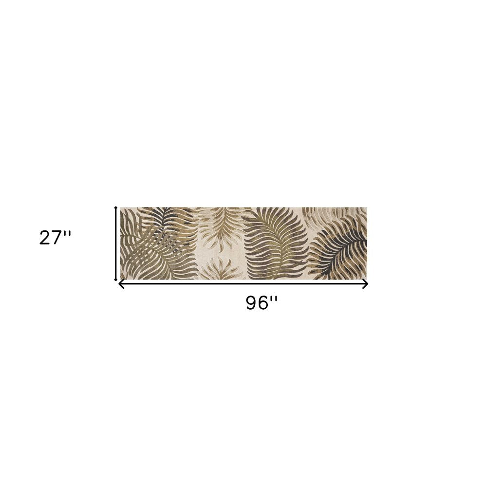 8' Beige Green And Brown Wool Botanical Leaves Hand Tufted Runner Rug
