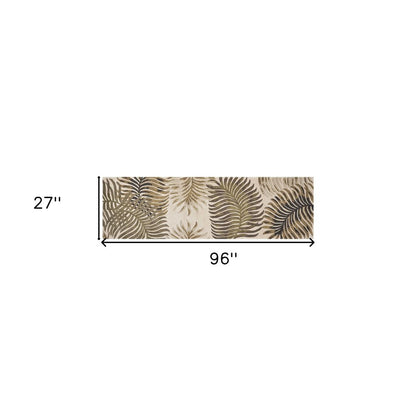 8' Beige Green And Brown Wool Botanical Leaves Hand Tufted Runner Rug