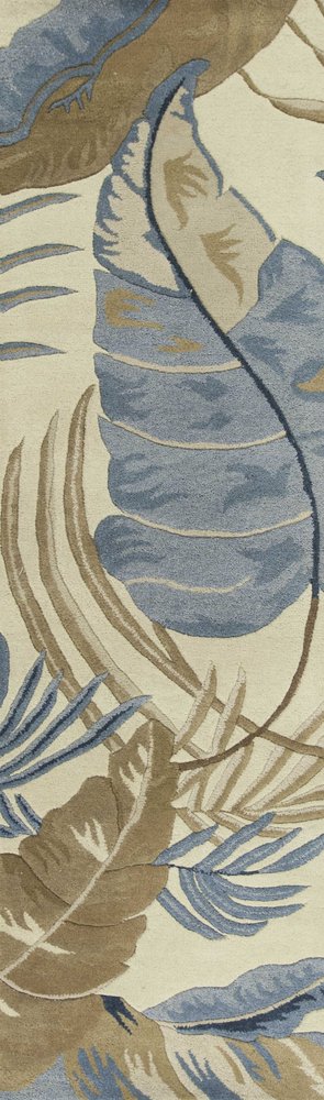 8' Ivory Blue And Brown Wool Tropical Botanical Hand Tufted Runner Rug