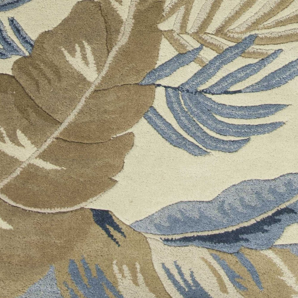 8' Ivory Blue And Brown Wool Tropical Botanical Hand Tufted Runner Rug