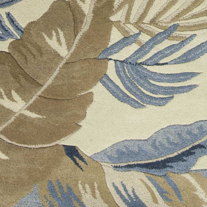 8' Ivory Blue And Brown Wool Tropical Botanical Hand Tufted Runner Rug