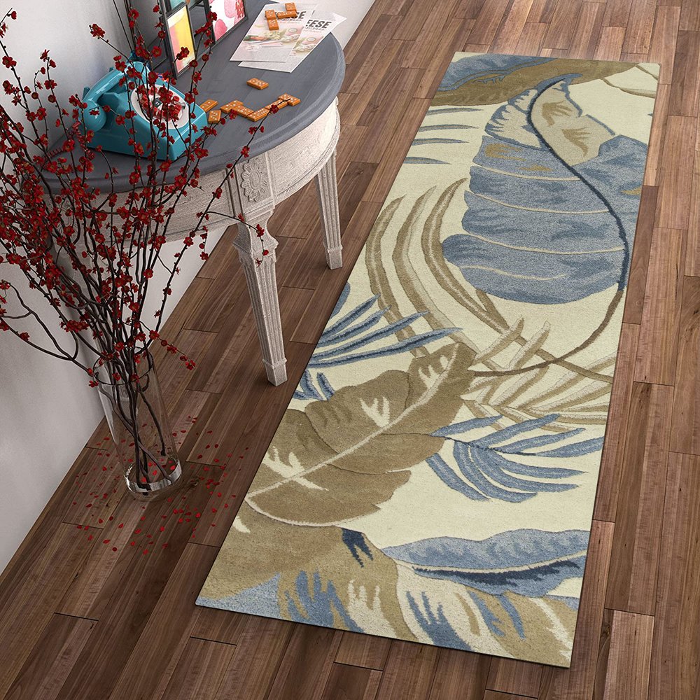 8' Ivory Blue And Brown Wool Tropical Botanical Hand Tufted Runner Rug