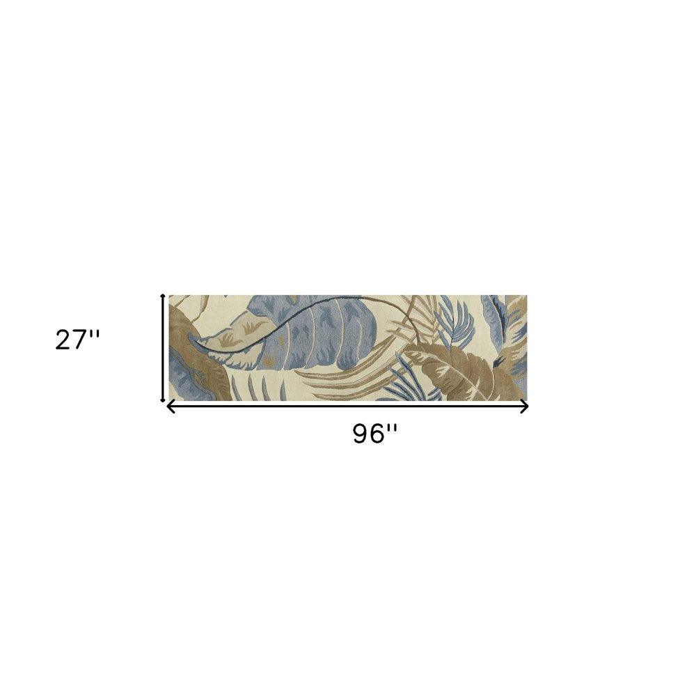 8' Ivory Blue And Brown Wool Tropical Botanical Hand Tufted Runner Rug