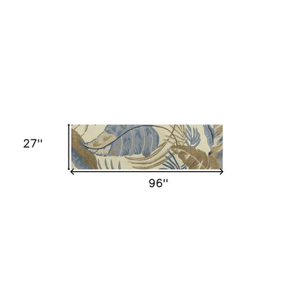 8' Ivory Blue And Brown Wool Tropical Botanical Hand Tufted Runner Rug