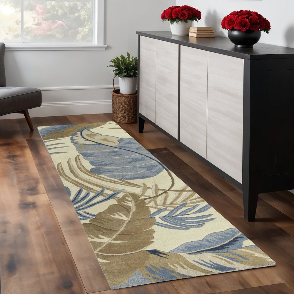 8' Ivory Blue And Brown Wool Tropical Botanical Hand Tufted Runner Rug