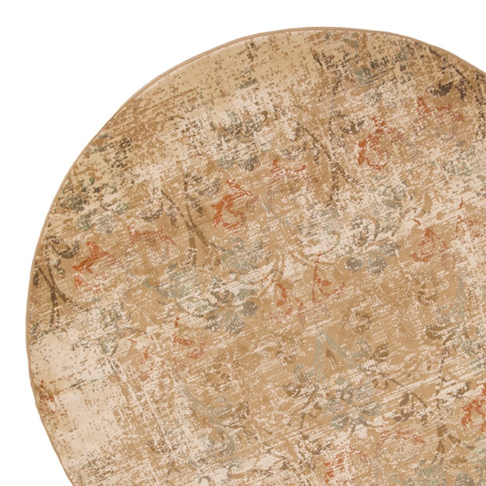 7' Champagne And Beige Damask Round Rug
