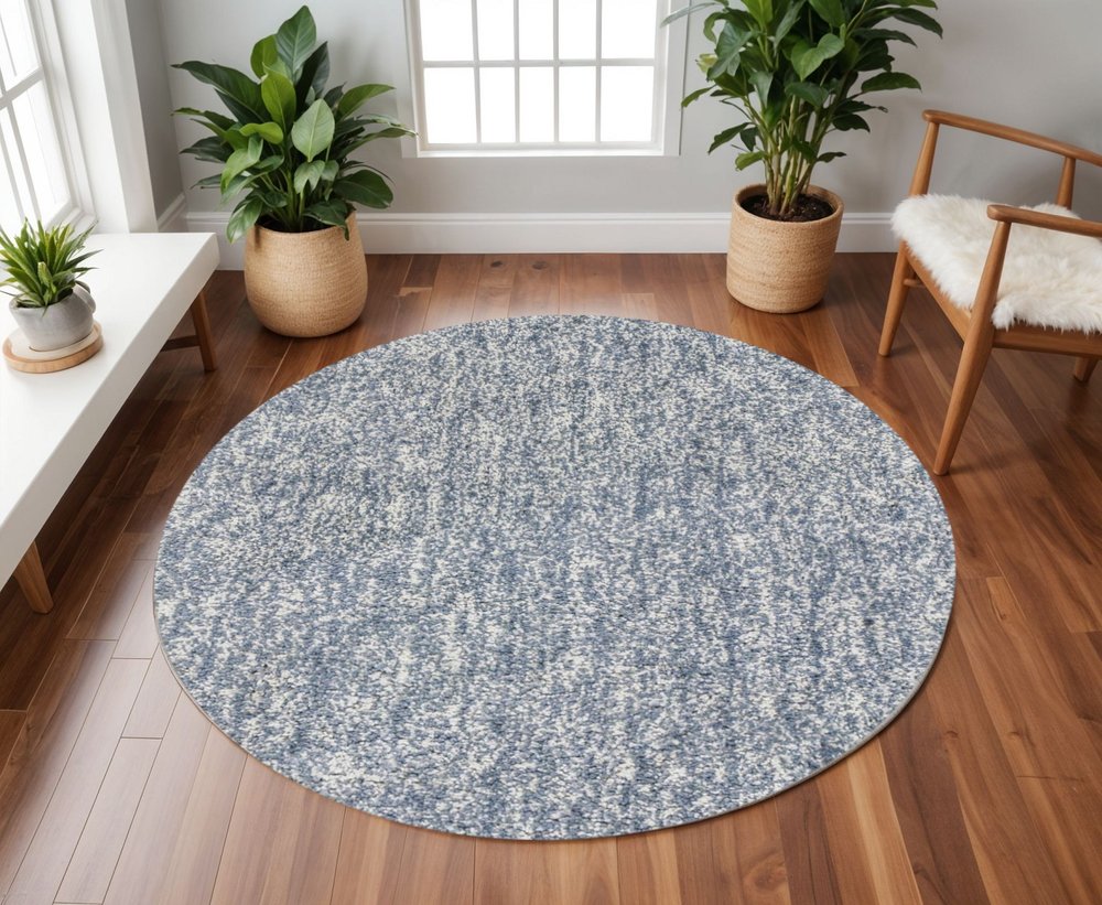 6' Indigo And Ivory Abstract Hand Woven Round Rug