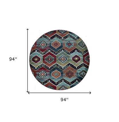 7' Red And Blue Geometric Runner Rug