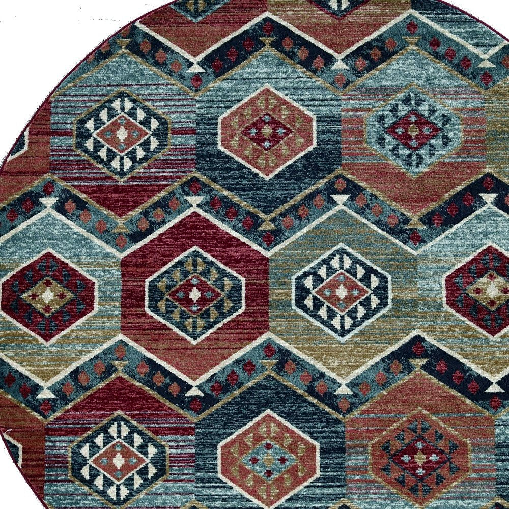 7' Red And Blue Geometric Runner Rug