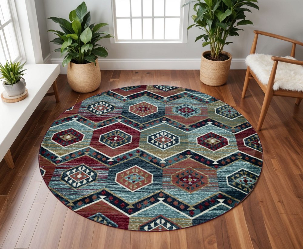 7' Red And Blue Geometric Runner Rug
