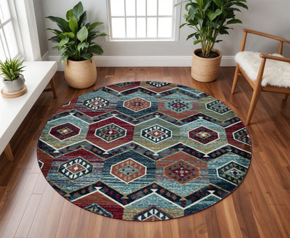 7' Red And Blue Geometric Runner Rug
