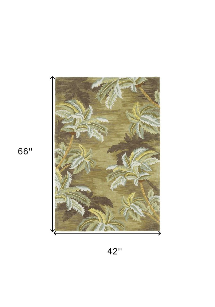 4' X 6' Moss Green And Yellow Wool Tropical Botanical Hand Tufted Area Rug