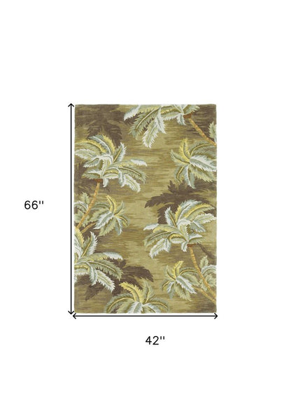 4' X 6' Moss Green And Yellow Wool Tropical Botanical Hand Tufted Area Rug
