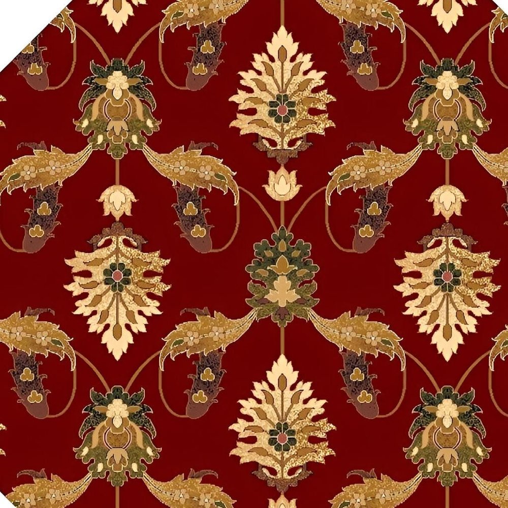 7' Red Beige And Brown Floral Vines Octagon Rug