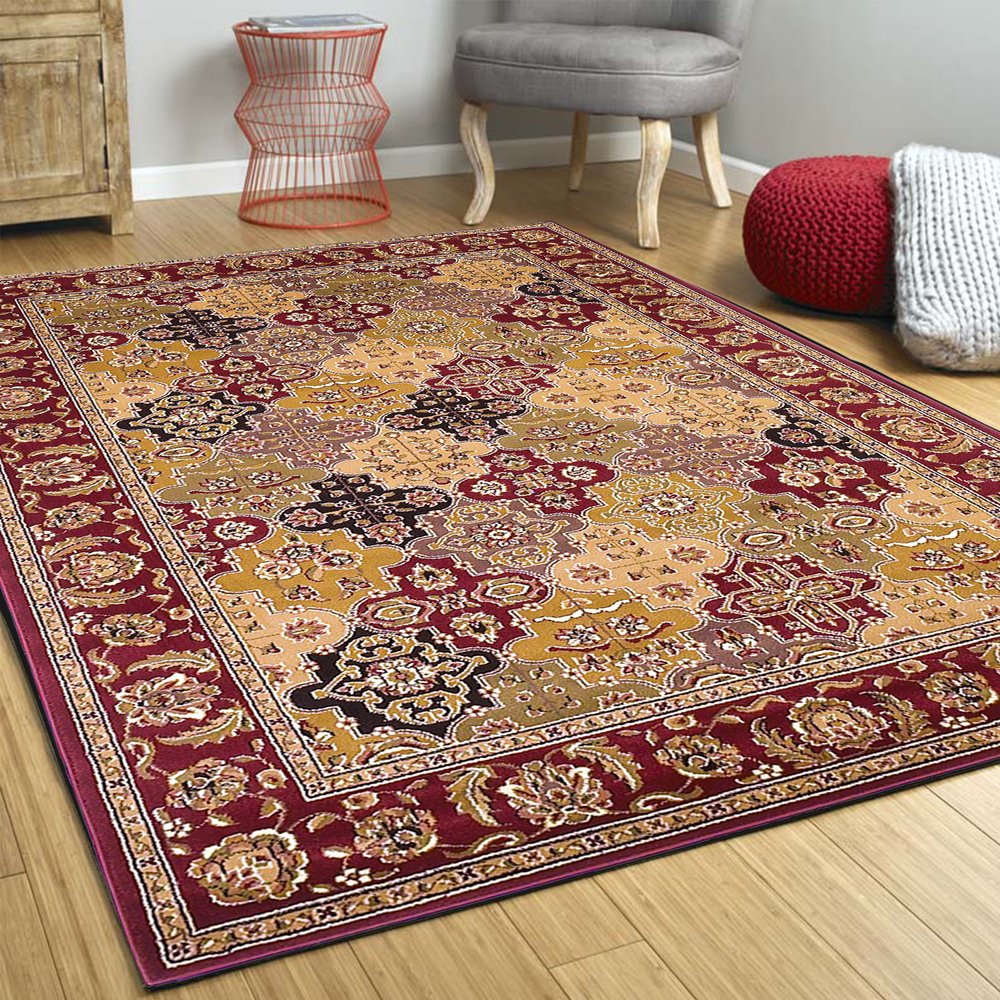 7' Red Orange And Black Quatrefoil Octagon Rug