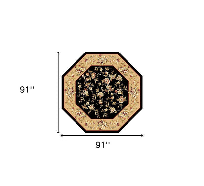7' Tan Black And Beige Floral Vines Octagon Rug