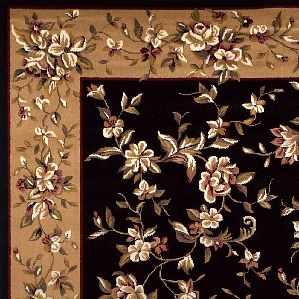 7' Tan Black And Beige Floral Vines Octagon Rug
