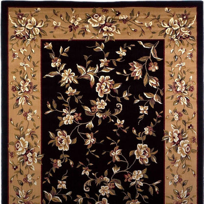 7' Tan Black And Beige Floral Vines Octagon Rug
