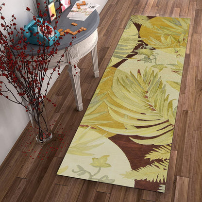 10' Coral Green And Ivory Wool Tropical Botanical Hand Tufted Runner Rug
