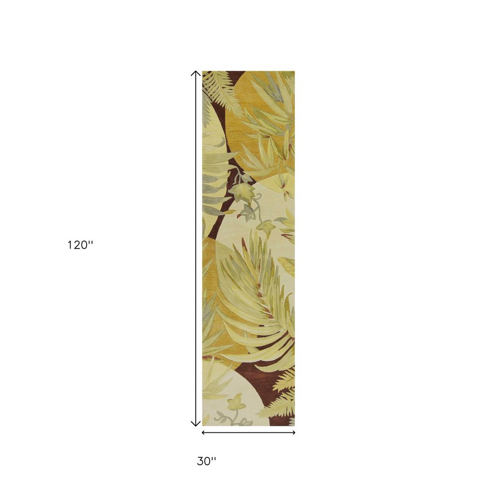 10' Coral Green And Ivory Wool Tropical Botanical Hand Tufted Runner Rug