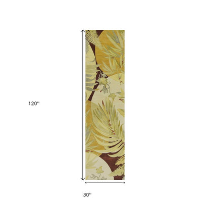 10' Coral Green And Ivory Wool Tropical Botanical Hand Tufted Runner Rug