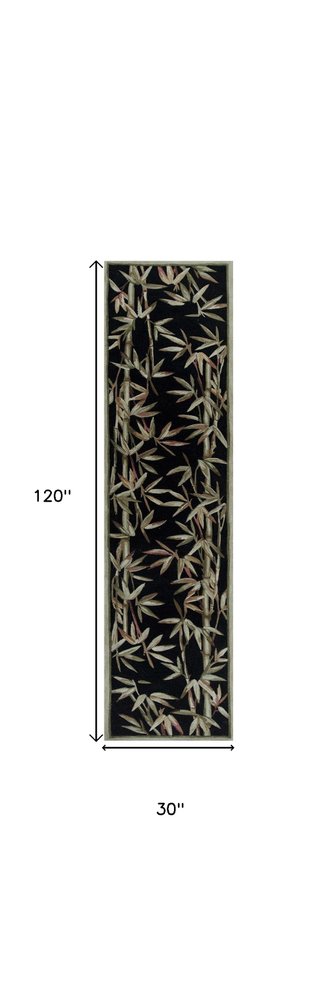 10' Black Green And Brown Wool Tropical Botanical Hand Tufted Runner Rug