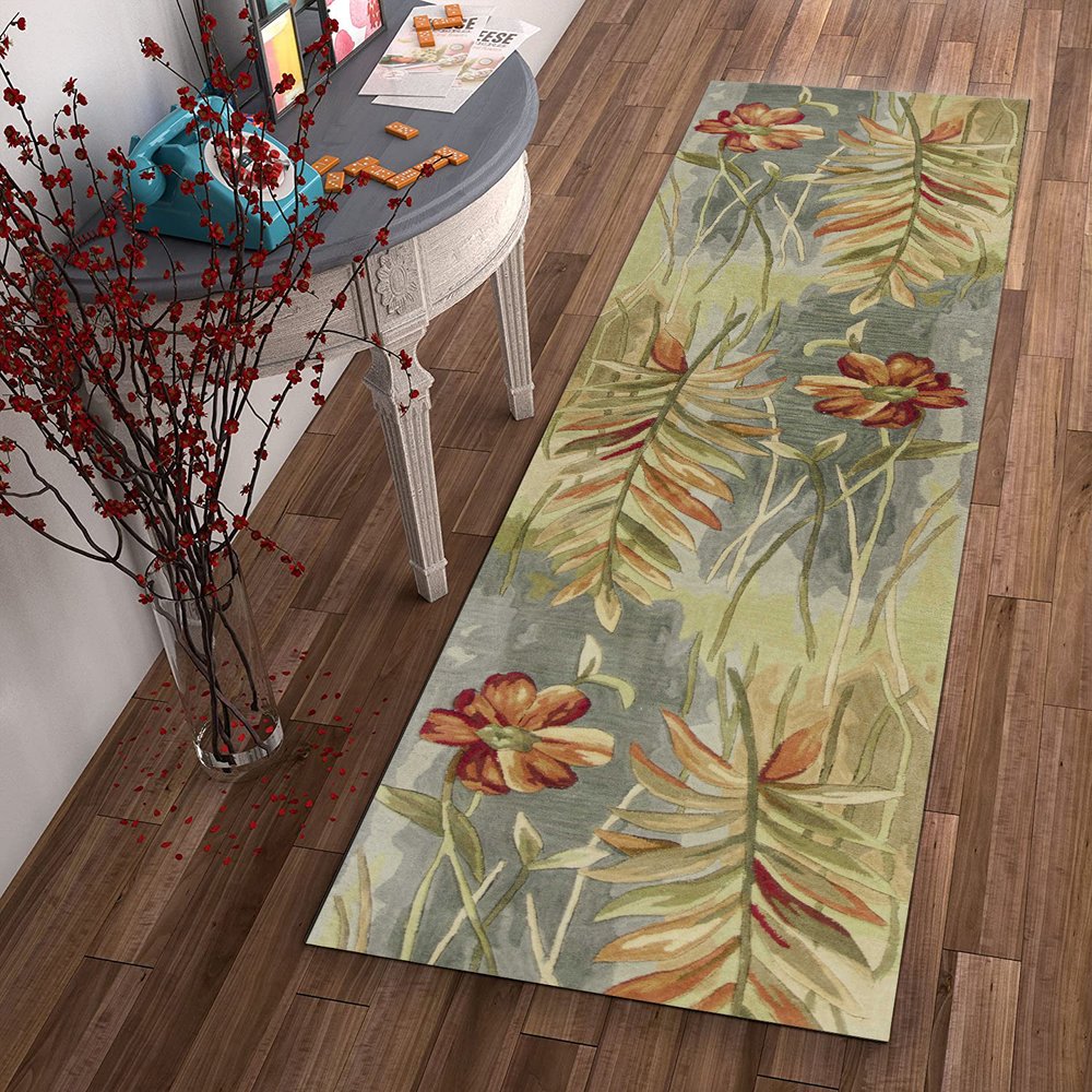 4' X 6' Blue And Green Wool Tropical Botanical Hand Tufted Area Rug