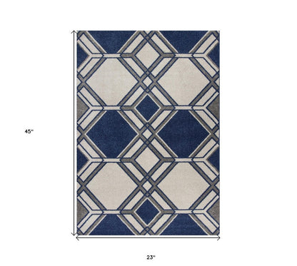 2' X 3' Blue Ivory And Gray Geometric Area Rug