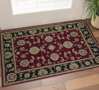 10' X 13' Red Black And Gold Floral Medallion Area Rug