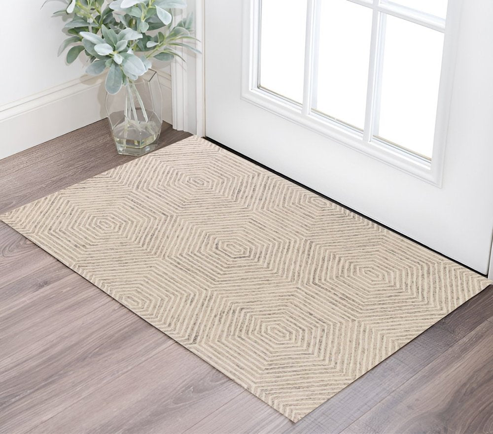 2' X 4' Sand And Beige Wool Geometric Hand Tufted Area Rug