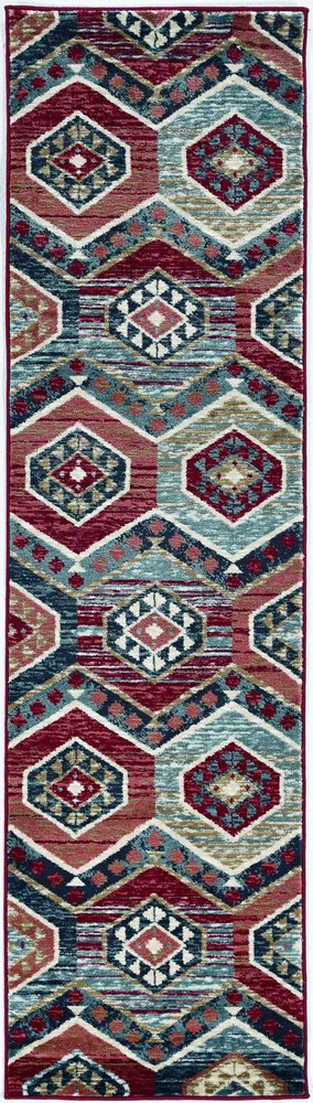 7' Red And Blue Geometric Runner Rug