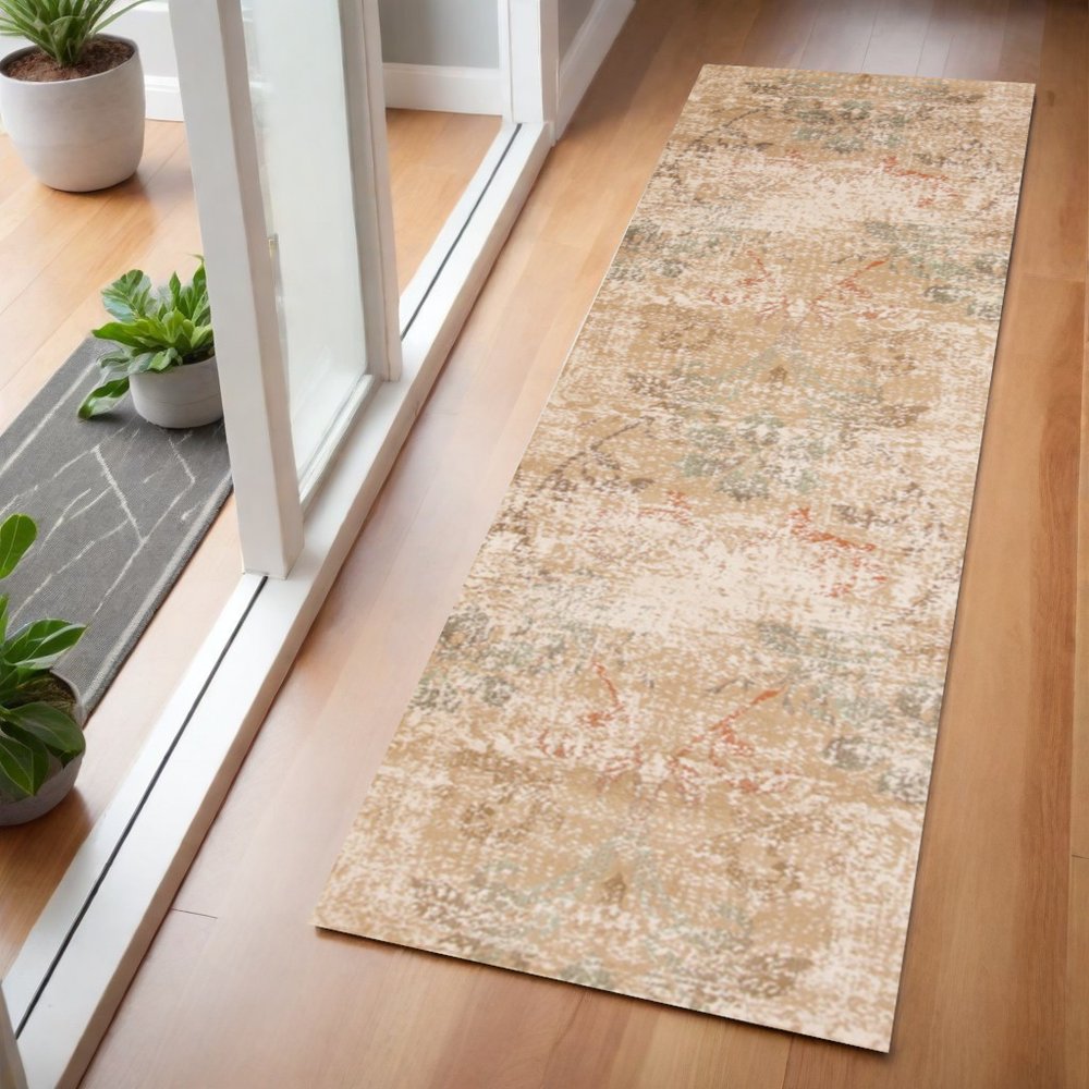 7' Champagne And Beige Damask Round Rug