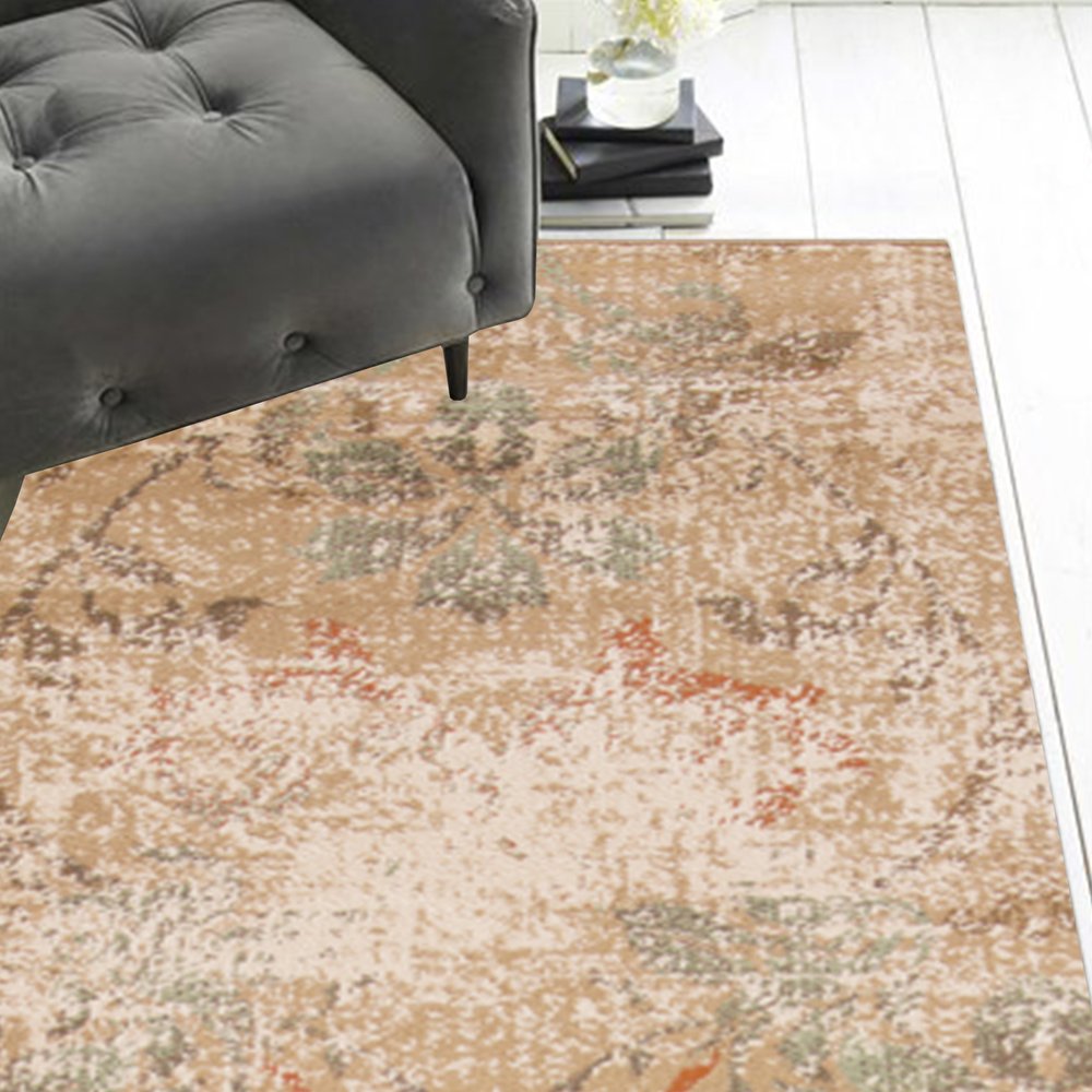 7' Champagne And Beige Damask Round Rug