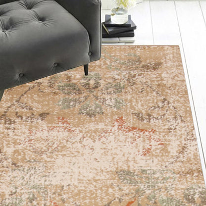 7' Champagne And Beige Damask Round Rug