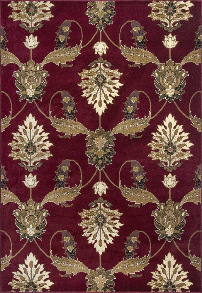 7' Red Beige And Brown Floral Vines Octagon Rug