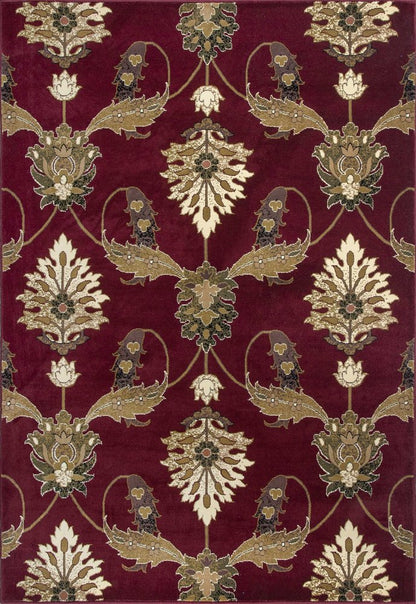 7' Red Beige And Brown Floral Vines Octagon Rug
