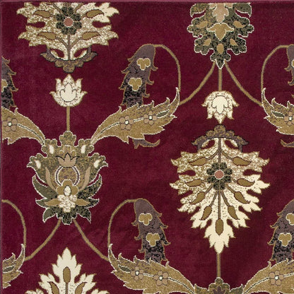 7' Red Beige And Brown Floral Vines Octagon Rug
