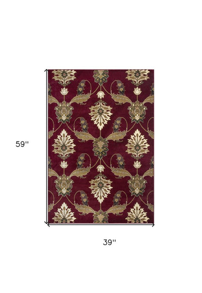 7' Red Beige And Brown Floral Vines Octagon Rug