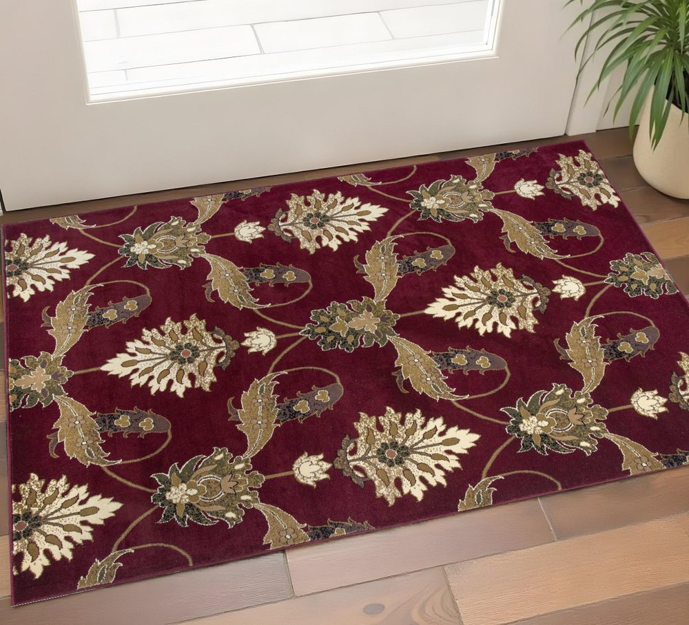 7' Red Beige And Brown Floral Vines Octagon Rug