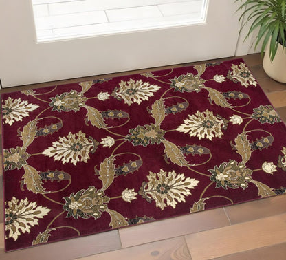 7' Red Beige And Brown Floral Vines Octagon Rug